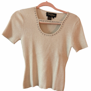 Vintage Christine Phillipe S small embellished short sleeve gold metallic top.